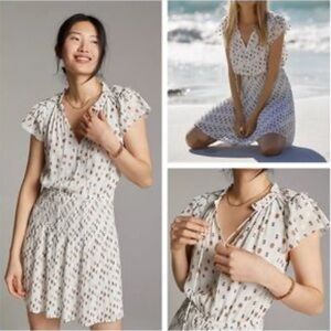Anthropologie Current Air Cap Sleeve Pleated Mini Dress White Dot Size S New